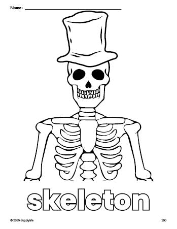 Free printable skeleton Halloween coloring page for preschool, pre-k, and kindergarten, PDF