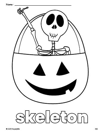 Free printable skeleton Halloween coloring page for preschool, pre-k, and kindergarten, PDF