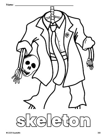 Free printable skeleton Halloween coloring page for preschool, pre-k, and kindergarten, PDF