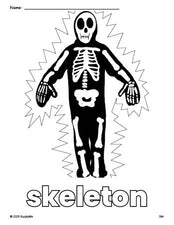 Free printable skeleton Halloween coloring page for preschool, pre-k, and kindergarten, PDF