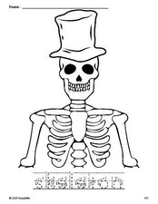 Free printable skeleton Halloween coloring page and word tracing worksheet, letter formation guides, perfect for preschool, pre-k, and kindergarten, PDF