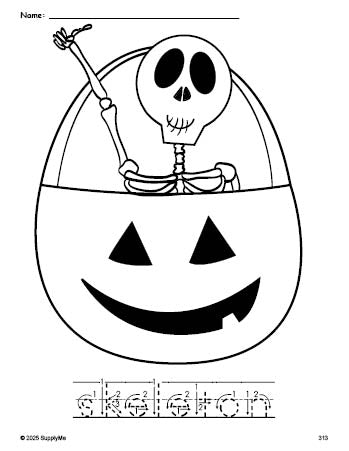 Free printable skeleton Halloween coloring page and word tracing worksheet, letter formation guides, perfect for preschool, pre-k, and kindergarten, PDF