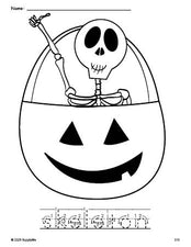 Free printable skeleton Halloween coloring page and word tracing worksheet, letter formation guides, perfect for preschool, pre-k, and kindergarten, PDF