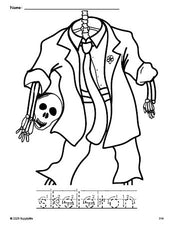 Free printable skeleton Halloween coloring page and word tracing worksheet, letter formation guides, perfect for preschool, pre-k, and kindergarten, PDF