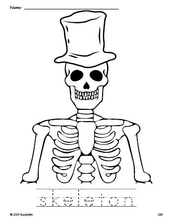 Free printable skeleton Halloween coloring page and word tracing worksheet, perfect for preschool, pre-k, and kindergarten, PDF