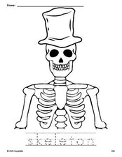 Free printable skeleton Halloween coloring page and word tracing worksheet, perfect for preschool, pre-k, and kindergarten, PDF