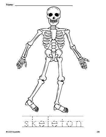 Free printable skeleton Halloween coloring page and word tracing worksheet, perfect for preschool, pre-k, and kindergarten, PDF