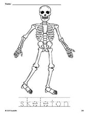 Free printable skeleton Halloween coloring page and word tracing worksheet, perfect for preschool, pre-k, and kindergarten, PDF