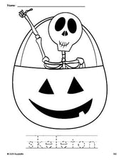 Free printable skeleton Halloween coloring page and word tracing worksheet, perfect for preschool, pre-k, and kindergarten, PDF