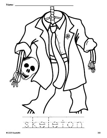 Free printable skeleton Halloween coloring page and word tracing worksheet, perfect for preschool, pre-k, and kindergarten, PDF