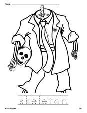 Free printable skeleton Halloween coloring page and word tracing worksheet, perfect for preschool, pre-k, and kindergarten, PDF