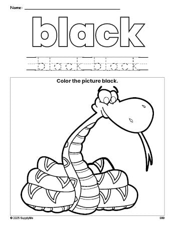 Free snake color black coloring page and color worksheet, black worksheet for preschoolers to learn colors, printable PDF