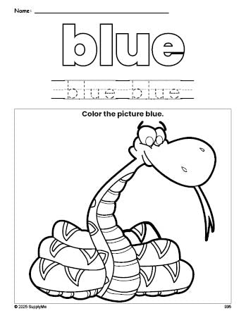 Free snake color blue coloring page and color worksheet, blue worksheet for preschoolers to learn colors, printable PDF