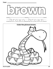 Free snake color brown coloring page and color worksheet, brown worksheet for preschoolers to learn colors, printable PDF