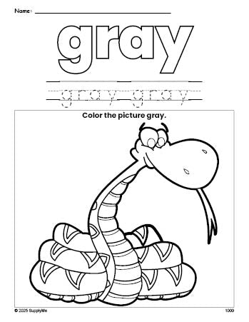 Free snake color gray coloring page and color worksheet, gray worksheet for preschoolers to learn colors, printable PDF