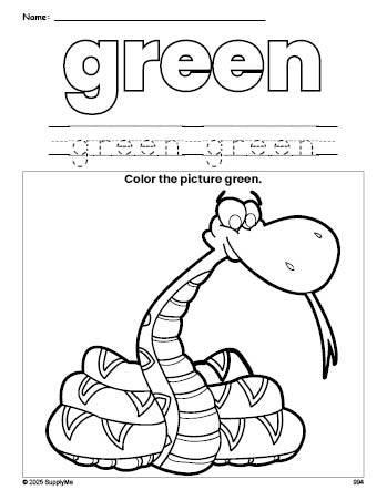 Free snake color green coloring page and color worksheet, green worksheet for preschoolers to learn colors, printable PDF