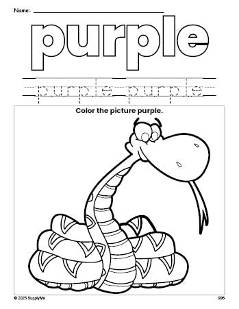 Free snake color purple coloring page and color worksheet, purple worksheet for preschoolers to learn colors, printable PDF