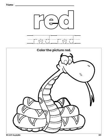 Free snake color red coloring page and color worksheet, red worksheet for preschoolers to learn colors, printable PDF