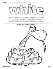 Free snake color white coloring page and color worksheet, white worksheet for preschoolers to learn colors, printable PDF