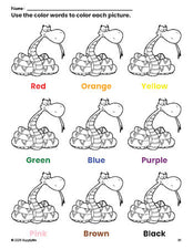 Free snake coloring page and color worksheet for preschoolers to learn colors, printable PDF