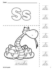 Free printable snake coloring page and cursive letter tracing worksheet, letter s worksheet for preschool, pre-k, and kindergarten, PDF