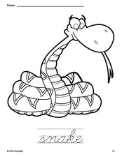 Free printable snake coloring page and cursive word tracing worksheet, perfect for preschool, pre-k, and kindergarten, PDF