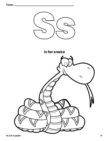 Free printable snake coloring page, letter s coloring page for preschool, pre-k, and kindergarten, PDF