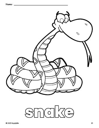 Free printable snake coloring page for preschool, pre-k, and kindergarten, PDF