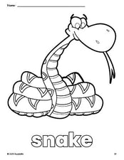 Free printable snake coloring page for preschool, pre-k, and kindergarten, PDF