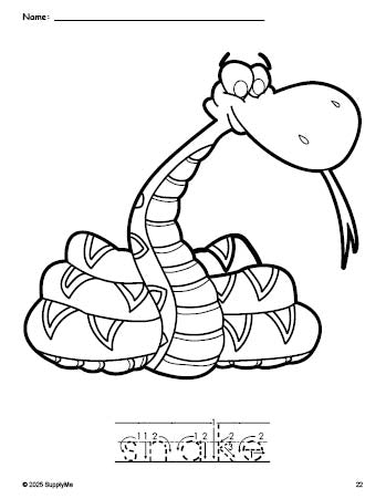 Free printable snake coloring page and word tracing worksheet, letter formation guides, perfect for preschool, pre-k, and kindergarten, PDF