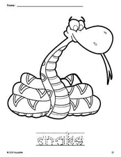 Free printable snake coloring page and word tracing worksheet, letter formation guides, perfect for preschool, pre-k, and kindergarten, PDF