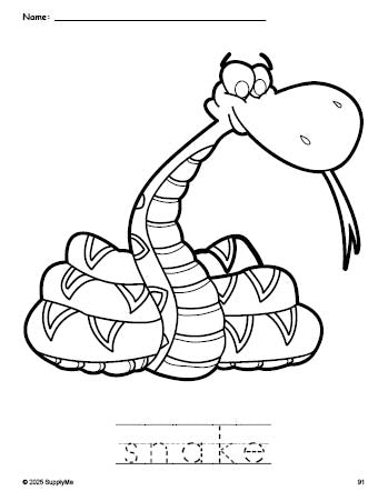 Free printable snake coloring page and word tracing worksheet, perfect for preschool, pre-k, and kindergarten, PDF