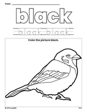 Free sparrow color black coloring page and color worksheet, black worksheet for preschoolers to learn colors, printable PDF