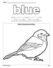 Free sparrow color blue coloring page and color worksheet, blue worksheet for preschoolers to learn colors, printable PDF