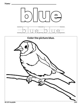 Free sparrow color blue coloring page and color worksheet, blue worksheet for preschoolers to learn colors, printable PDF