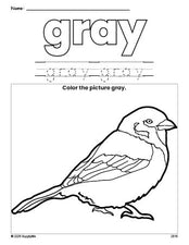 Free sparrow color gray coloring page and color worksheet, gray worksheet for preschoolers to learn colors, printable PDF