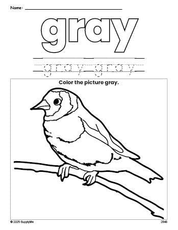 Free sparrow color gray coloring page and color worksheet, gray worksheet for preschoolers to learn colors, printable PDF