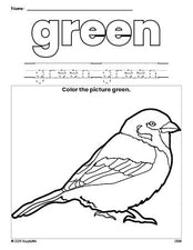 Free sparrow color green coloring page and color worksheet, green worksheet for preschoolers to learn colors, printable PDF