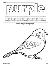 Free sparrow color purple coloring page and color worksheet, purple worksheet for preschoolers to learn colors, printable PDF