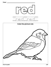 Free sparrow color red coloring page and color worksheet, red worksheet for preschoolers to learn colors, printable PDF