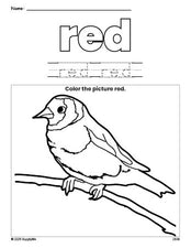 Free sparrow color red coloring page and color worksheet, red worksheet for preschoolers to learn colors, printable PDF