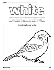 Free sparrow color white coloring page and color worksheet, white worksheet for preschoolers to learn colors, printable PDF