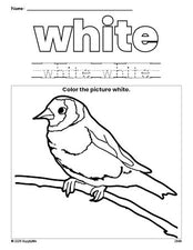 Free sparrow color white coloring page and color worksheet, white worksheet for preschoolers to learn colors, printable PDF