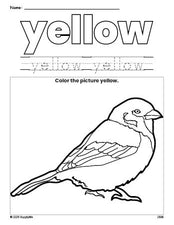 Free sparrow color yellow coloring page and color worksheet, yellow worksheet for preschoolers to learn colors, printable PDF