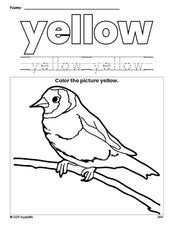 Free sparrow color yellow coloring page and color worksheet, yellow worksheet for preschoolers to learn colors, printable PDF