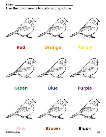 Free sparrow coloring page and color worksheet for preschoolers to learn colors, printable PDF