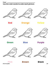 Free sparrow coloring page and color worksheet for preschoolers to learn colors, printable PDF