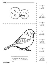 Free printable sparrow coloring page and cursive letter tracing worksheet, letter s worksheet for preschool, pre-k, and kindergarten, PDF