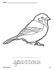 Free printable sparrow coloring page and cursive word tracing worksheet, perfect for preschool, pre-k, and kindergarten, PDF