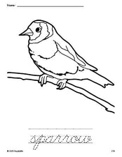 Free printable sparrow coloring page and cursive word tracing worksheet, perfect for preschool, pre-k, and kindergarten, PDF